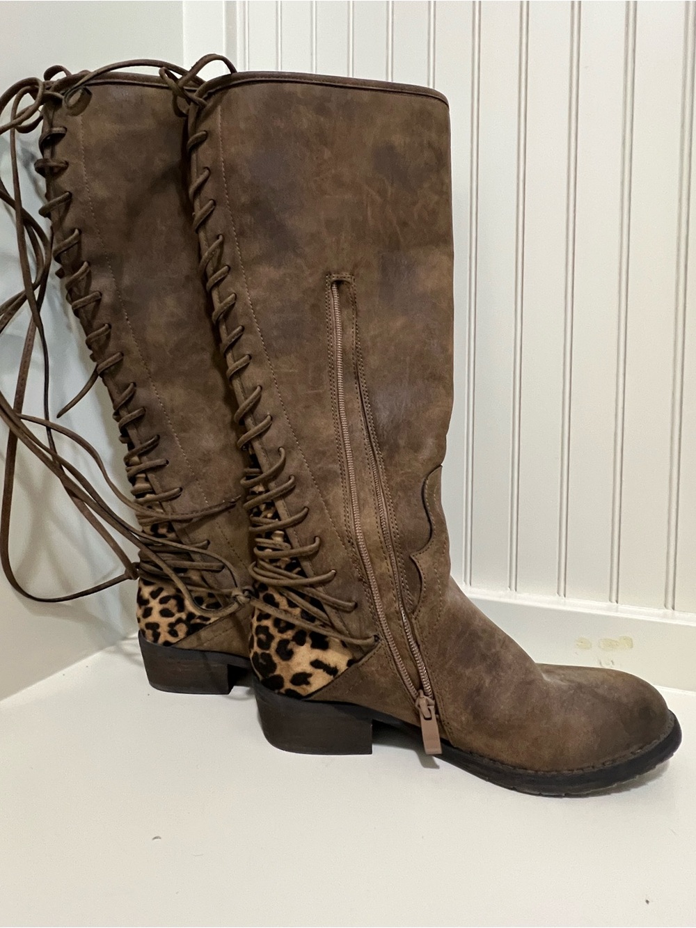 Very Volatile Brown Lace-Up Knee Boots with Leopard Heel Accent